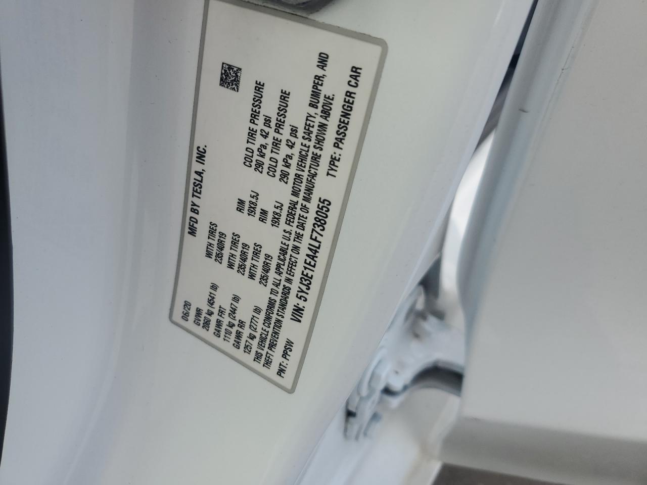 2020 Tesla Model 3 VIN: 5YJ3E1EA4LF738055 Lot: 64103755
