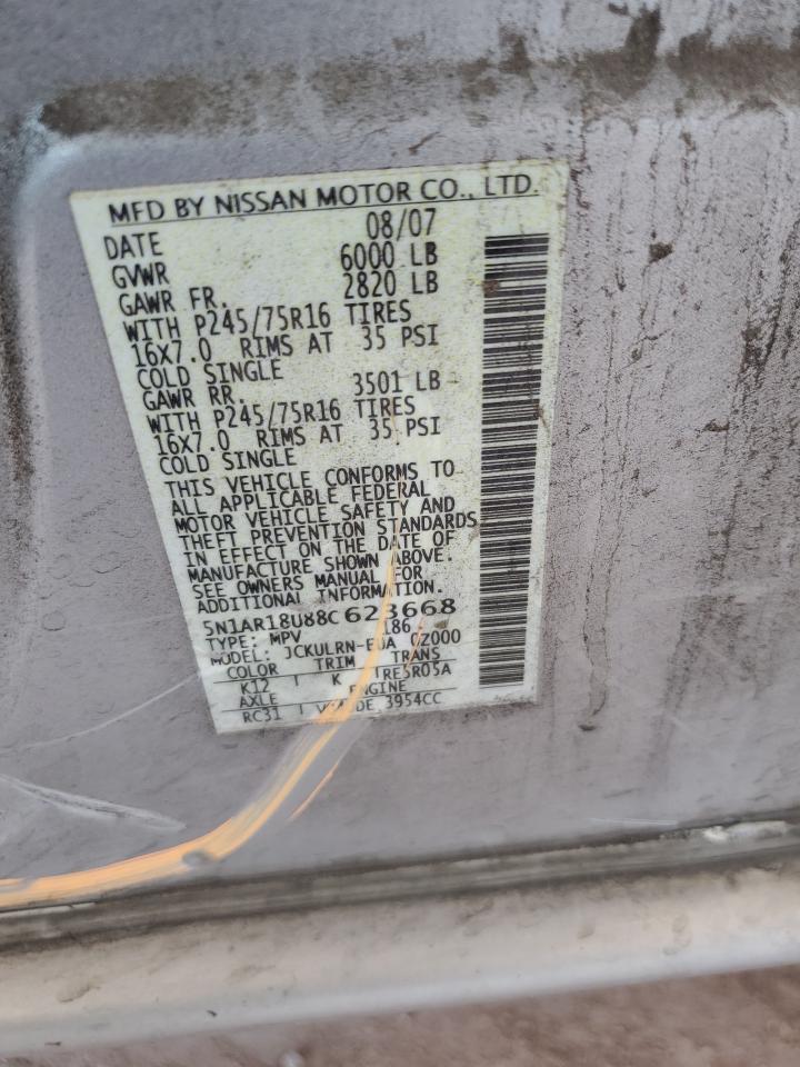 2008 Nissan Pathfinder S VIN: 5N1AR18U88C623668 Lot: 63269175