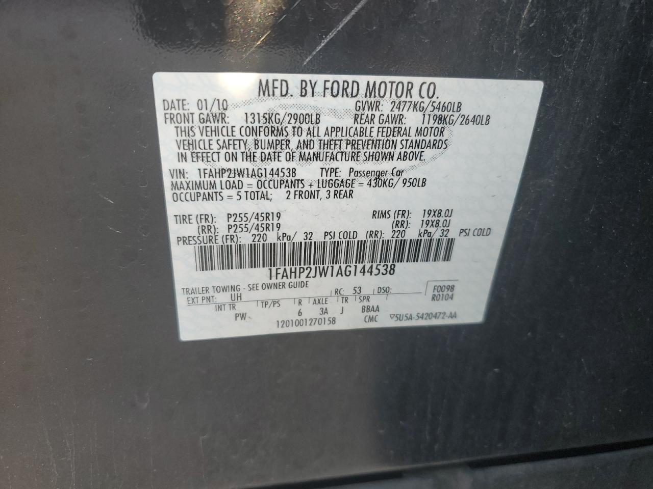 2010 Ford Taurus Limited VIN: 1FAHP2JW1AG144538 Lot: 63419925