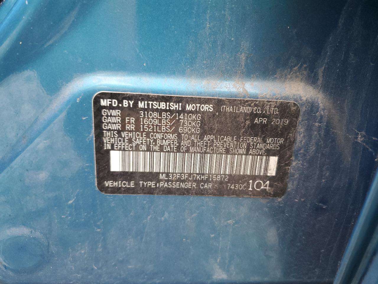 2019 Mitsubishi Mirage G4 Es VIN: ML32F3FJ7KHF15872 Lot: 64528105