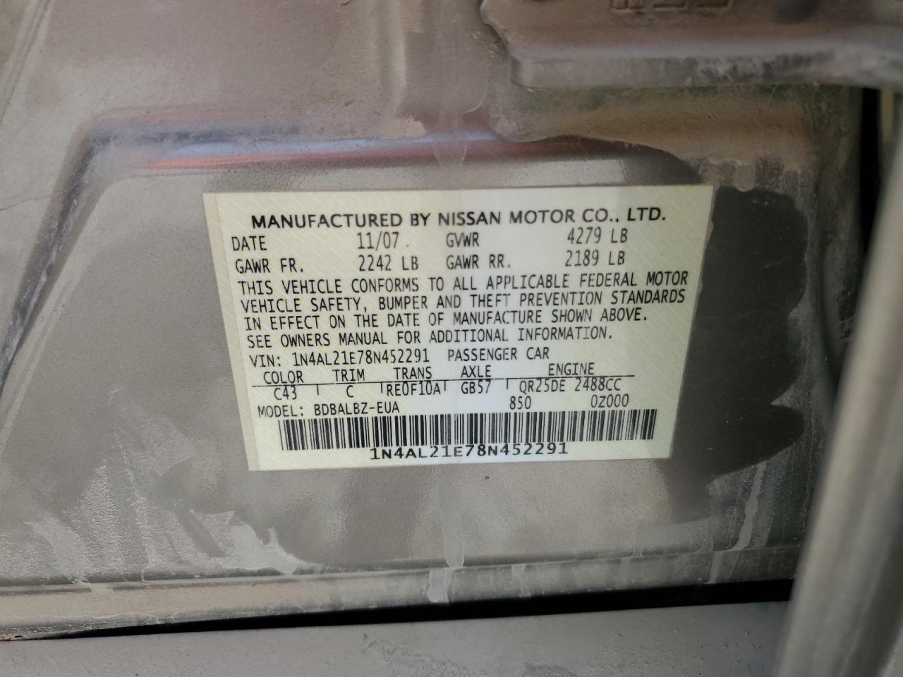 2008 Nissan Altima 2.5 VIN: 1N4AL21E78N452291 Lot: 65003265