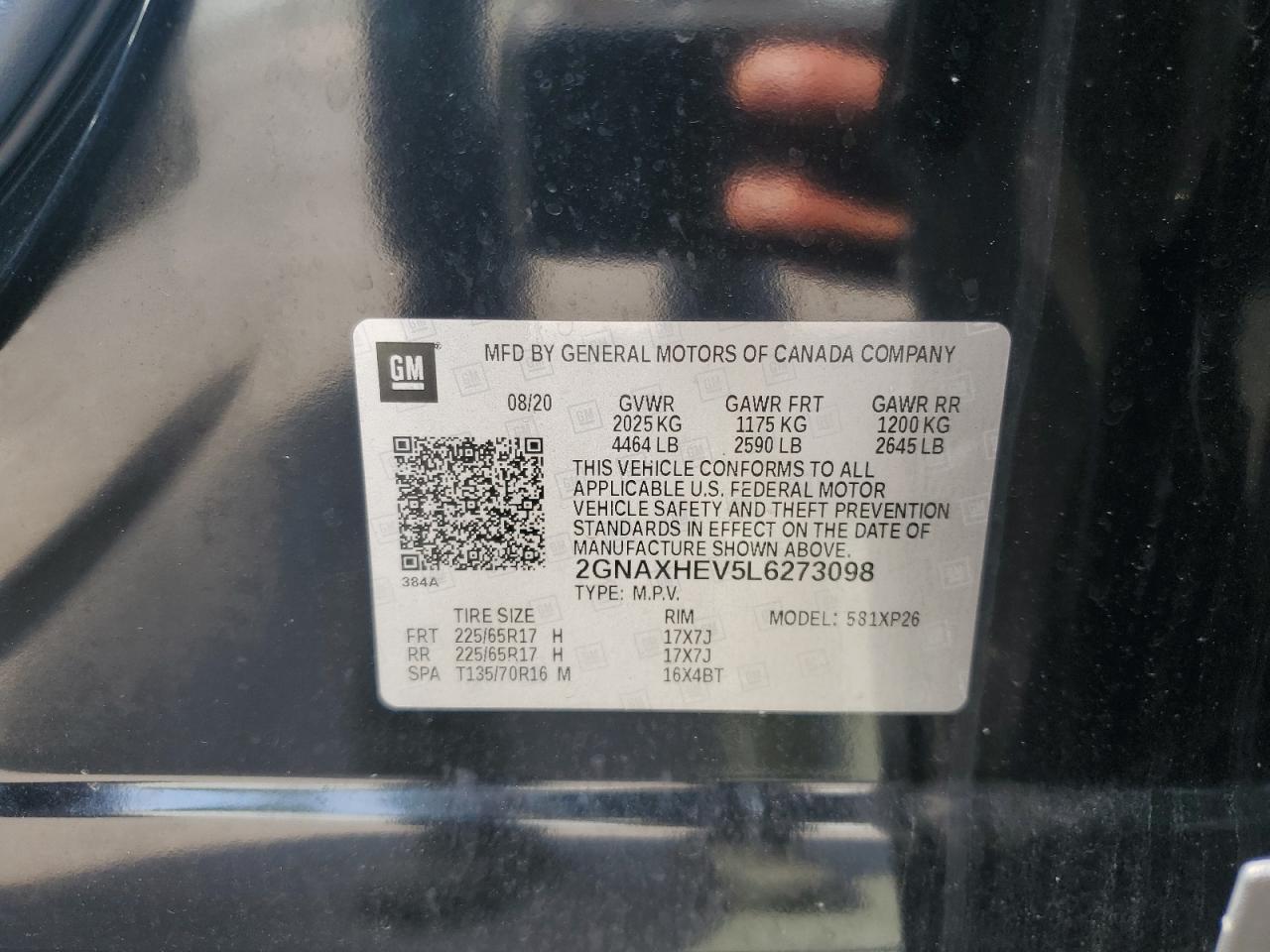 2020 Chevrolet Equinox Ls VIN: 2GNAXHEV5L6273098 Lot: 63158755