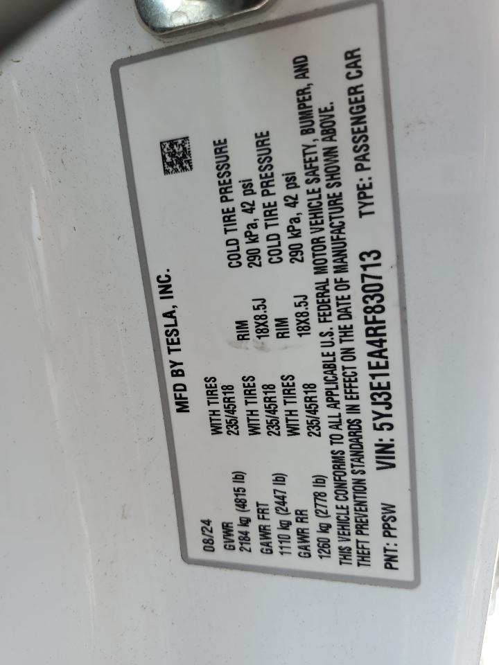 2024 Tesla Model 3 VIN: 5YJ3E1EA4RF830713 Lot: 64948735