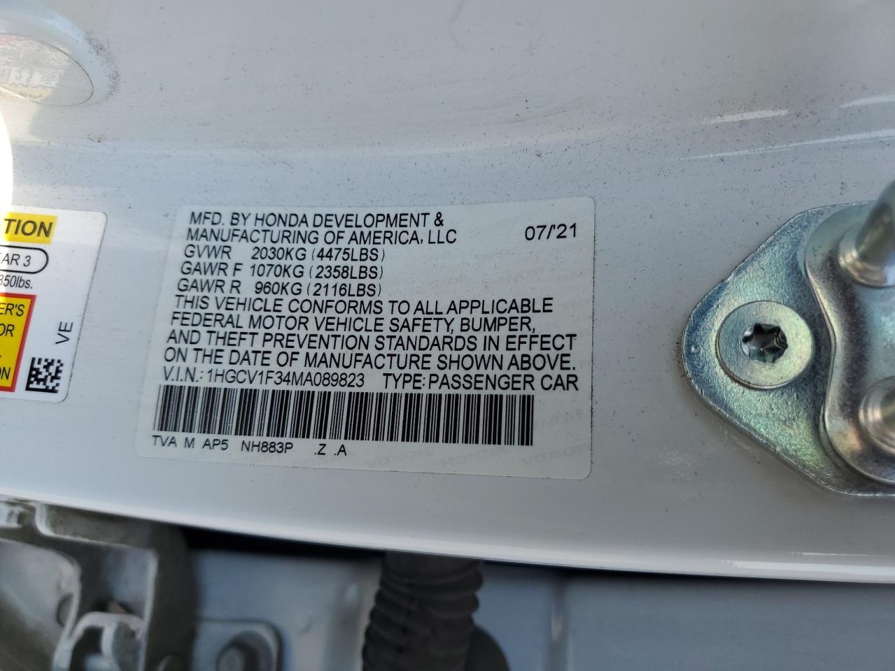 2021 Honda Accord Sport VIN: 1HGCV1F34MA089823 Lot: 64756765