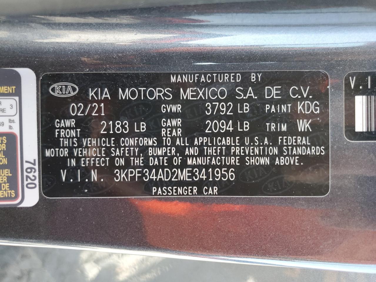2021 Kia Forte Gt Line VIN: 3KPF34AD2ME341956 Lot: 64065165