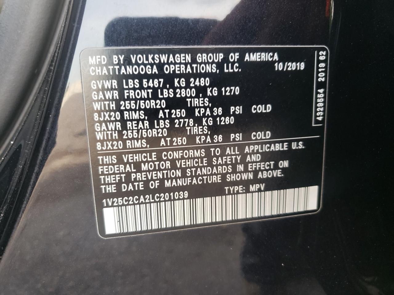 1v25c2ca2lc201039 1V25C2CA2LC201039 2020 Volkswagen Atlas Cross Sport Se