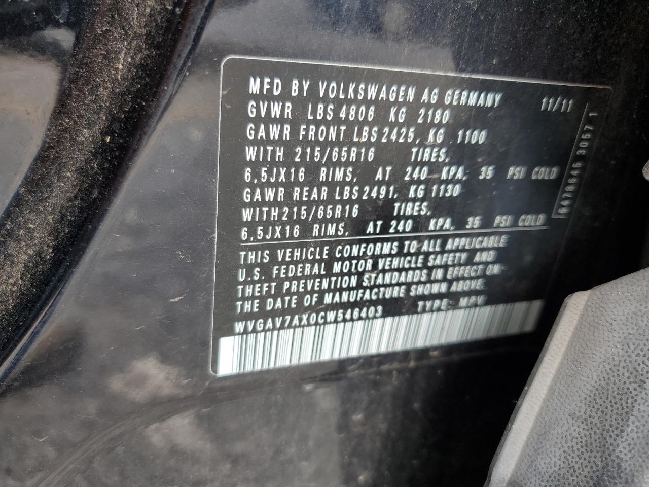 2012 Volkswagen Tiguan S VIN: WVGAV7AX0CW546403 Lot: 65477915