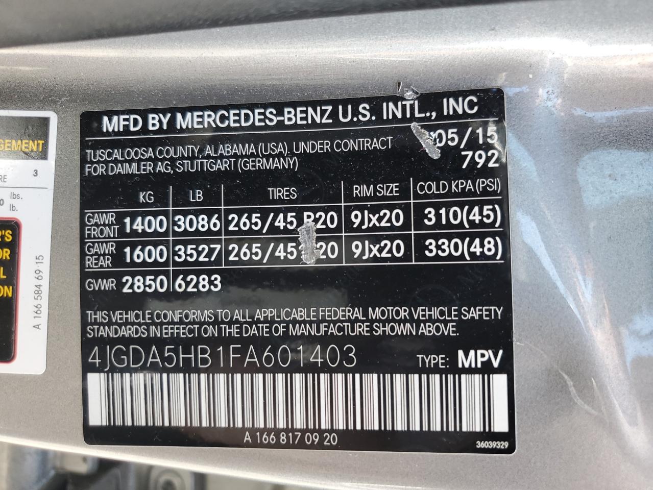 2015 Mercedes-Benz Ml 350 4Matic VIN: 4JGDA5HB1FA601403 Lot: 63367735