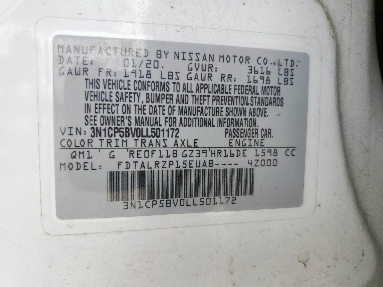 2020 Nissan Kicks S VIN: 3N1CP5BV0LL501172 Lot: 63120285