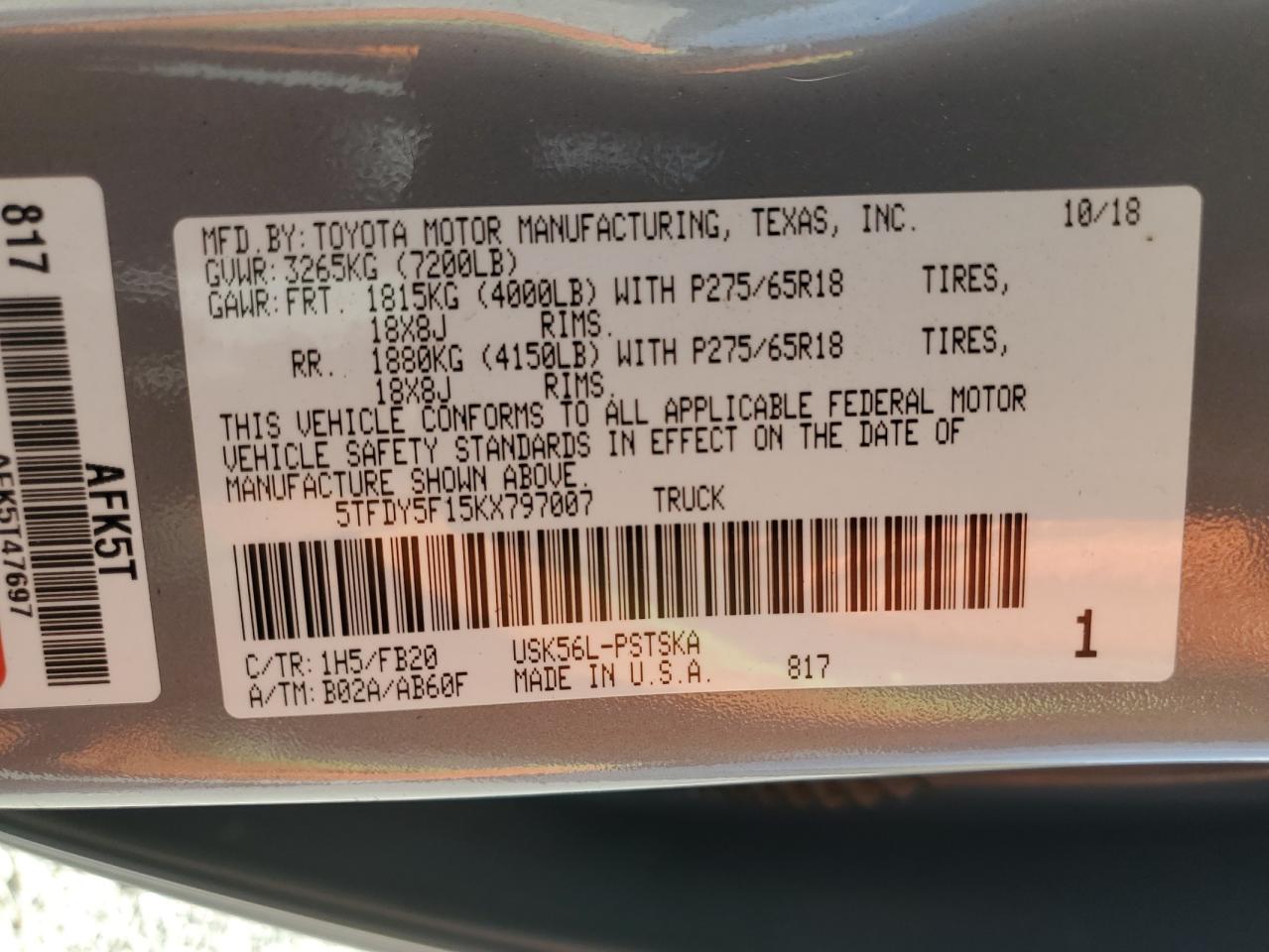 2019 Toyota Tundra Crewmax Sr5 VIN: 5TFDY5F15KX797007 Lot: 64130045