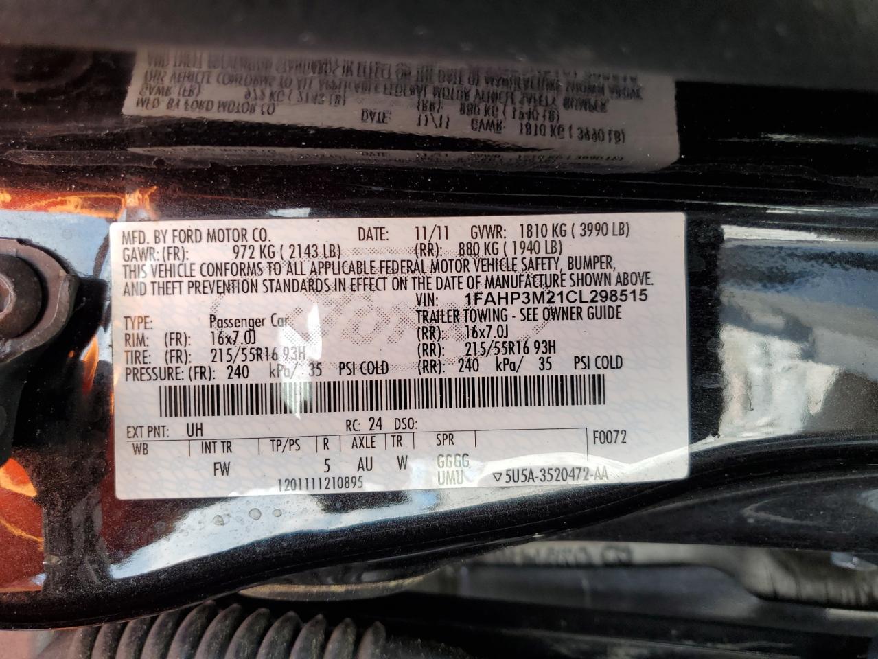 2012 Ford Focus Sel VIN: 1FAHP3M21CL298515 Lot: 63774475