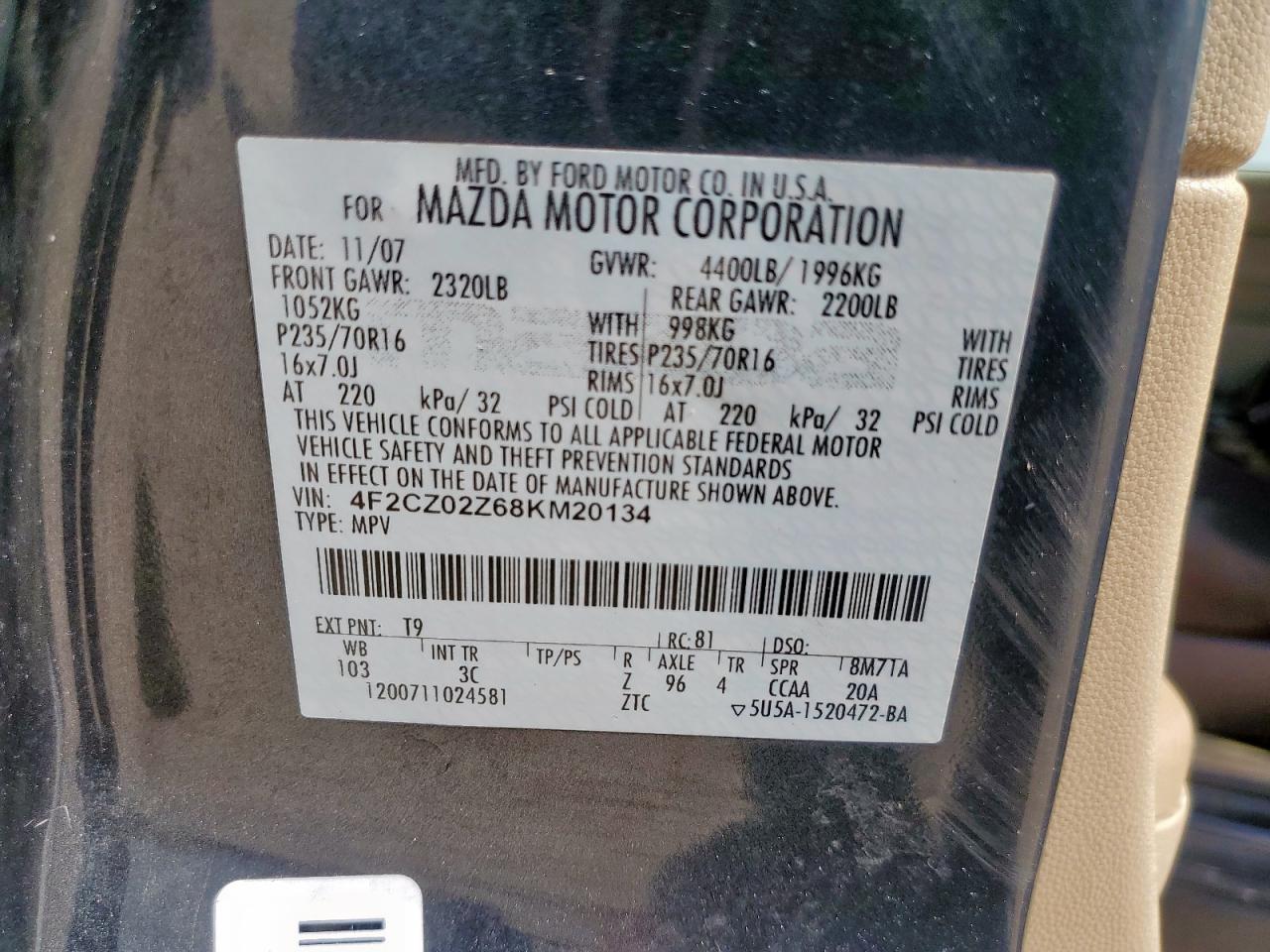 2008 Mazda Tribute I VIN: 4F2CZ02Z68KM20134 Lot: 63607385
