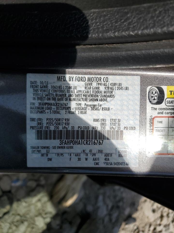 2012 Ford Fusion Se VIN: 3FAHP0HA1CR216767 Lot: 64914635