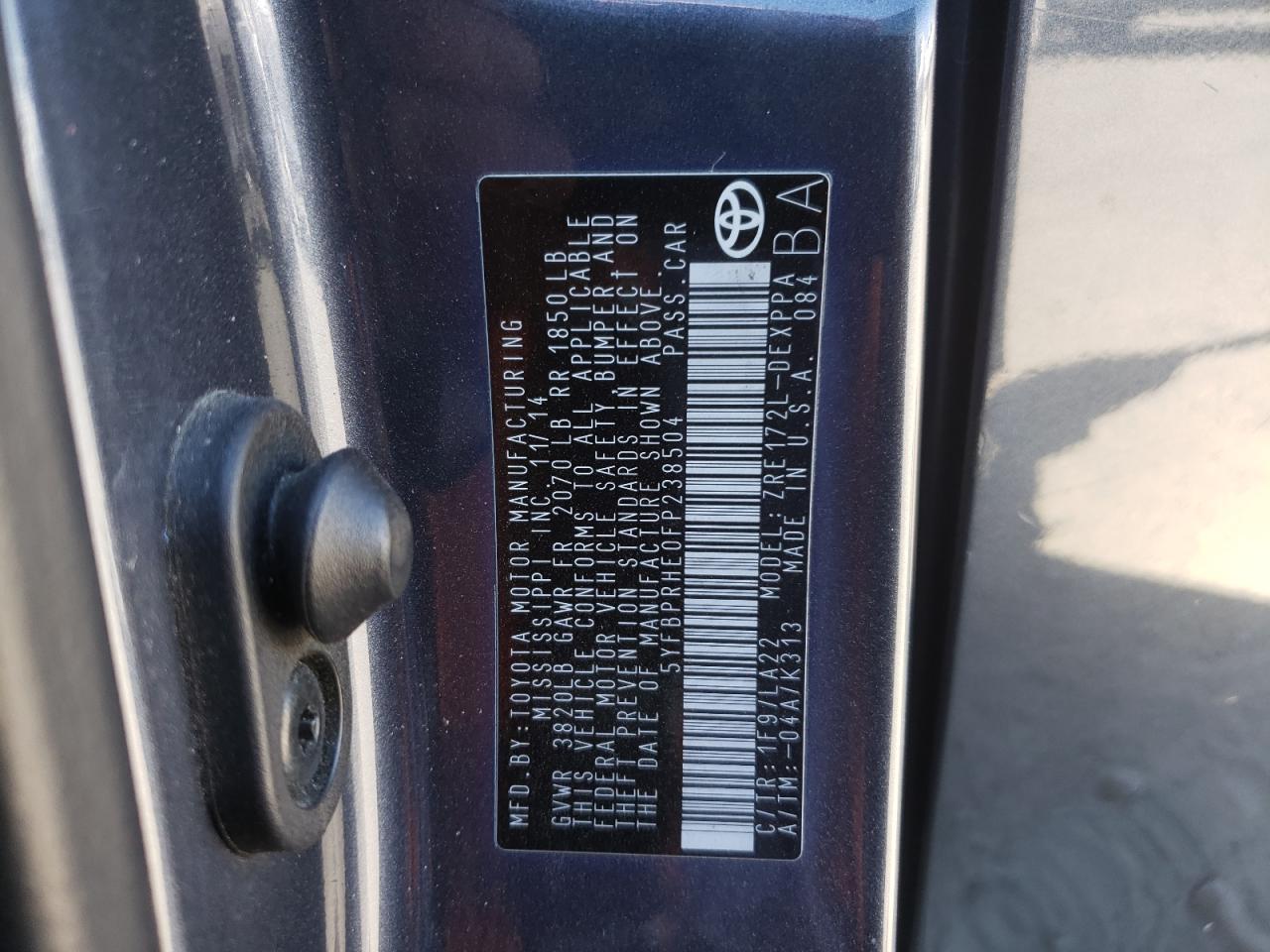 2015 Toyota Corolla Eco VIN: 5YFBPRHE0FP238504 Lot: 65184695