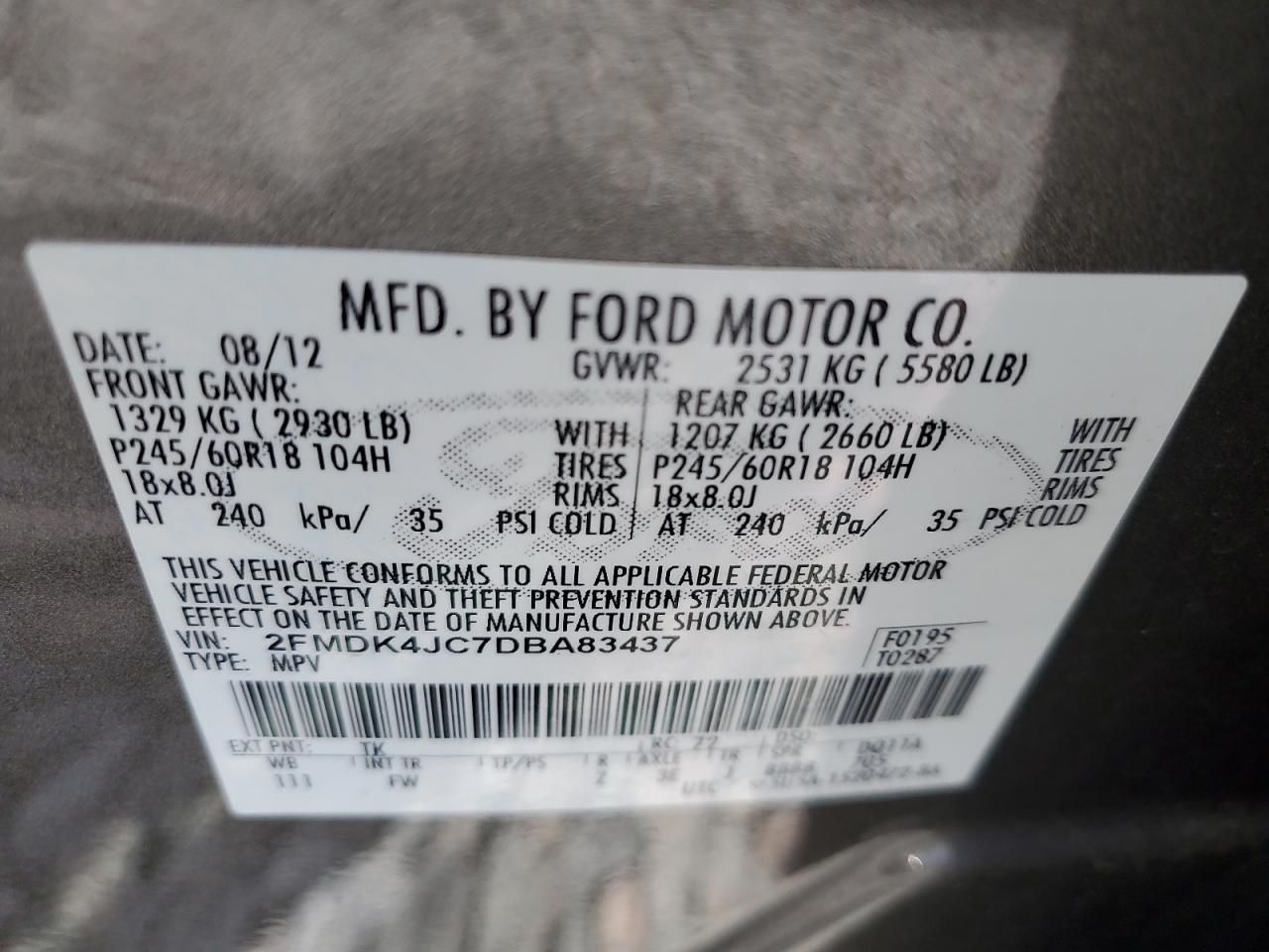 2013 Ford Edge Sel VIN: 2FMDK4JC7DBA83437 Lot: 64221355