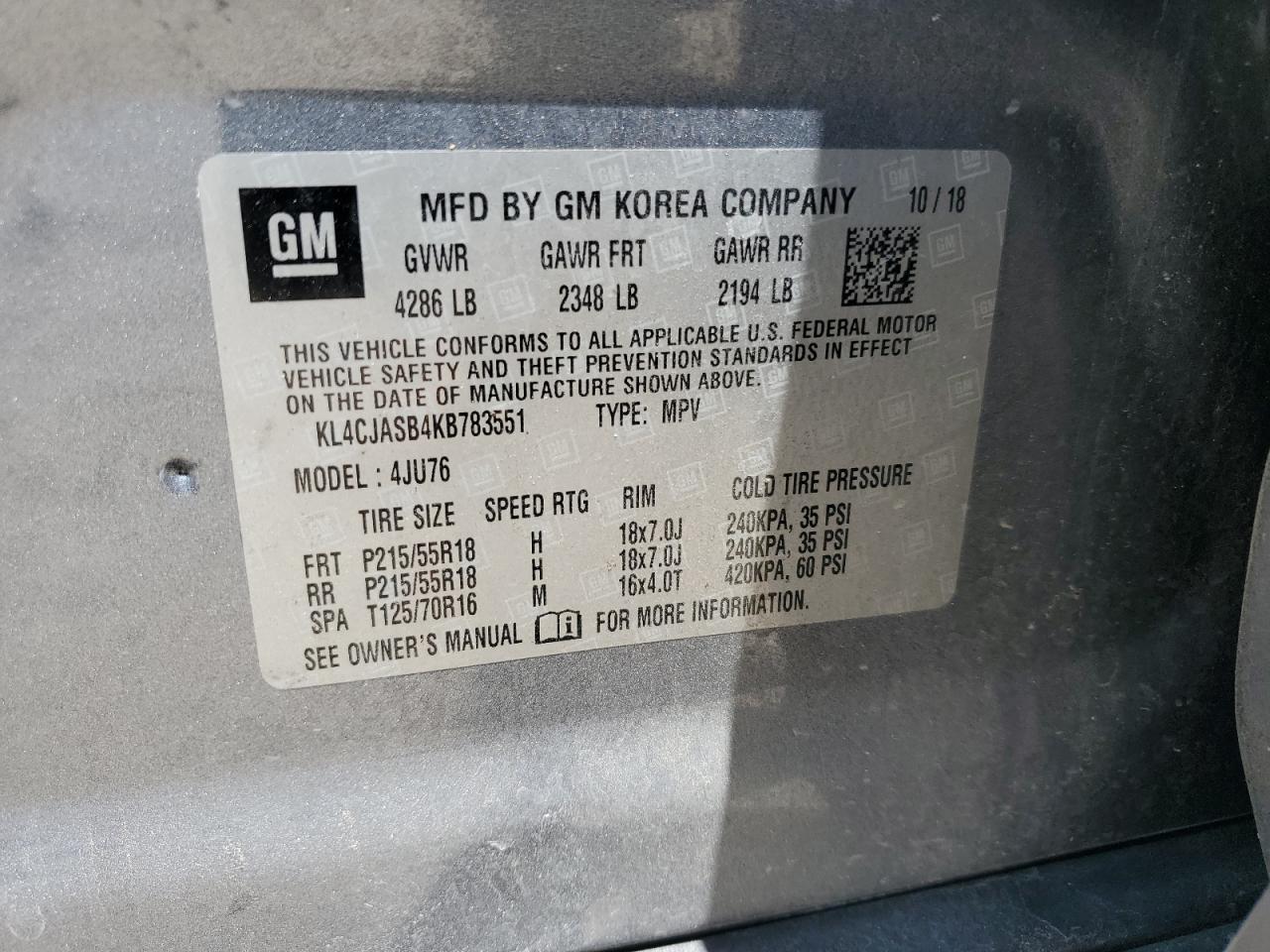 2019 Buick Encore Preferred VIN: KL4CJASB4KB783551 Lot: 63578365