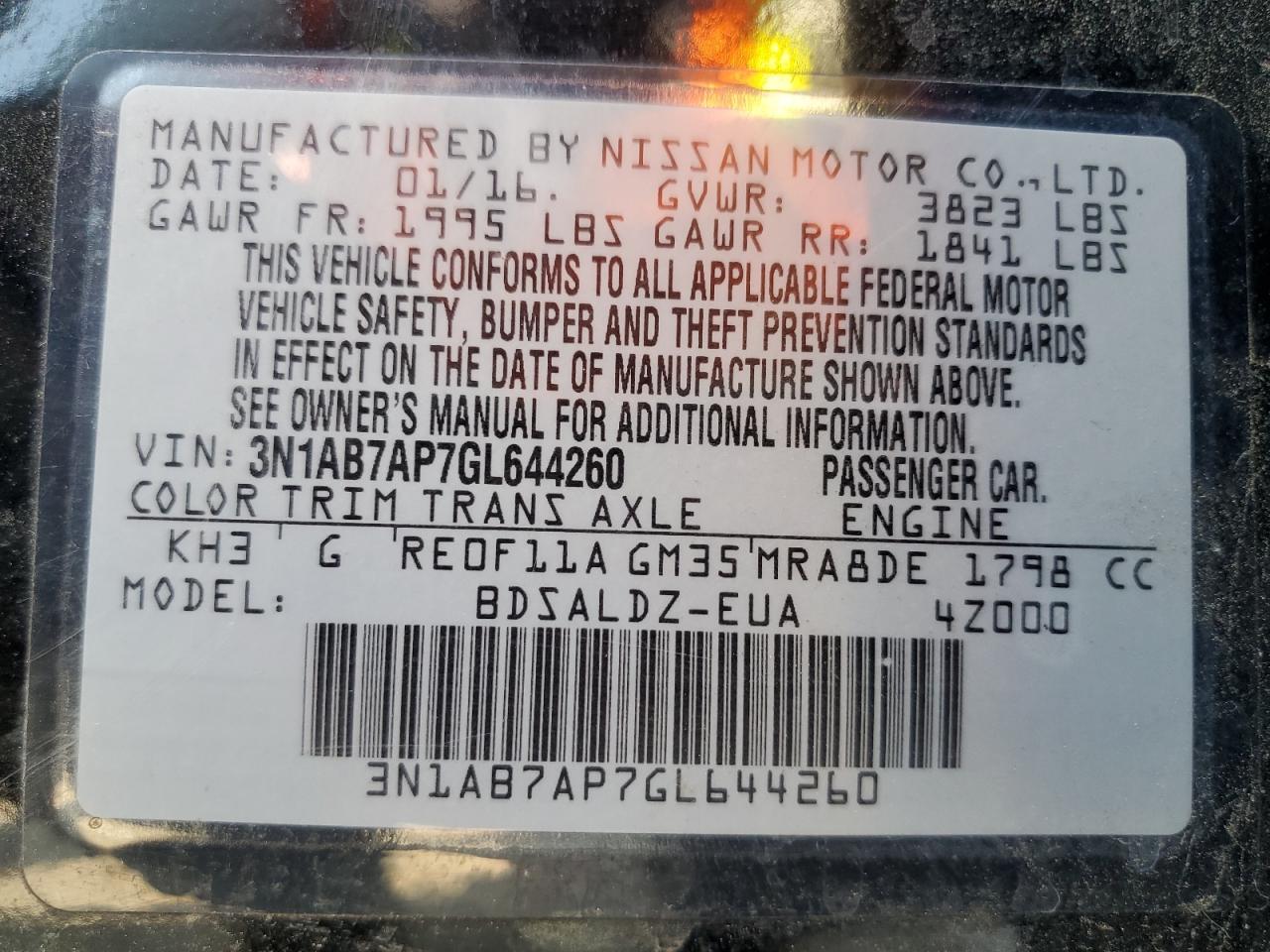 2016 Nissan Sentra S VIN: 3N1AB7AP7GL644260 Lot: 65610515