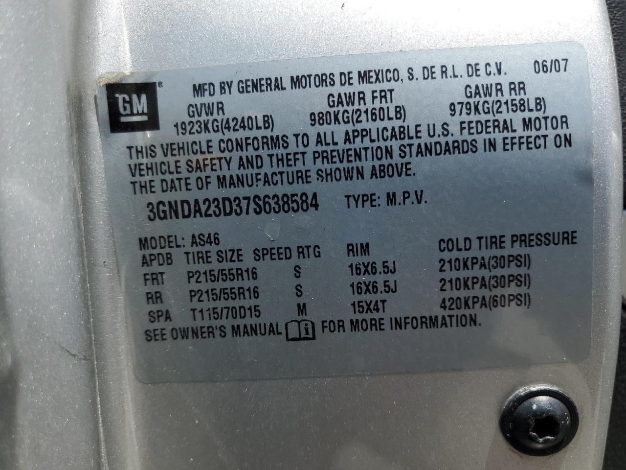 3gnda23d37s638584 3GNDA23D37S638584 2007 Chevrolet Hhr Lt