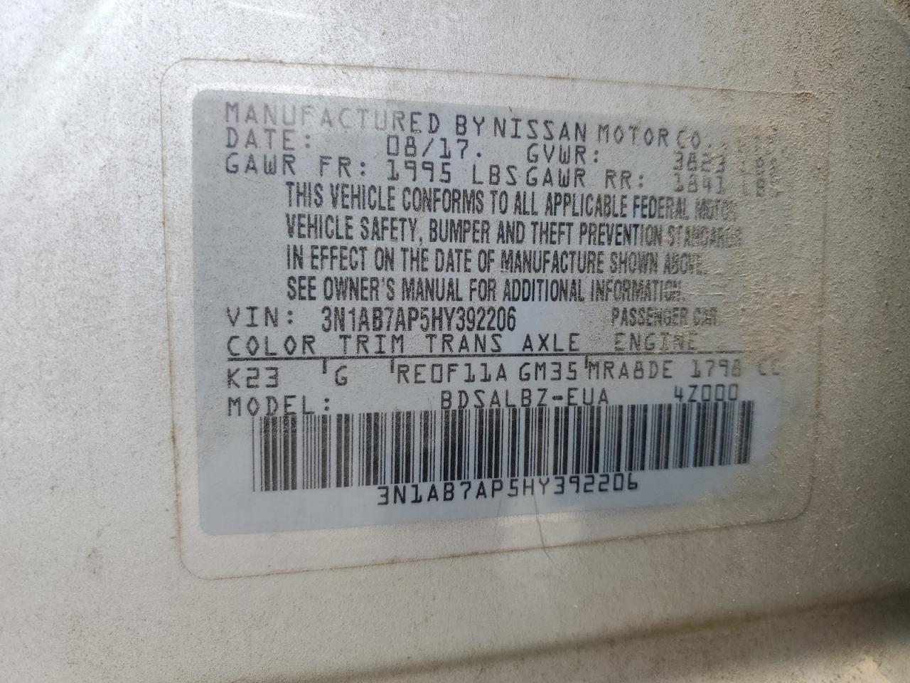 2017 Nissan Sentra S VIN: 3N1AB7AP5HY392206 Lot: 65278165