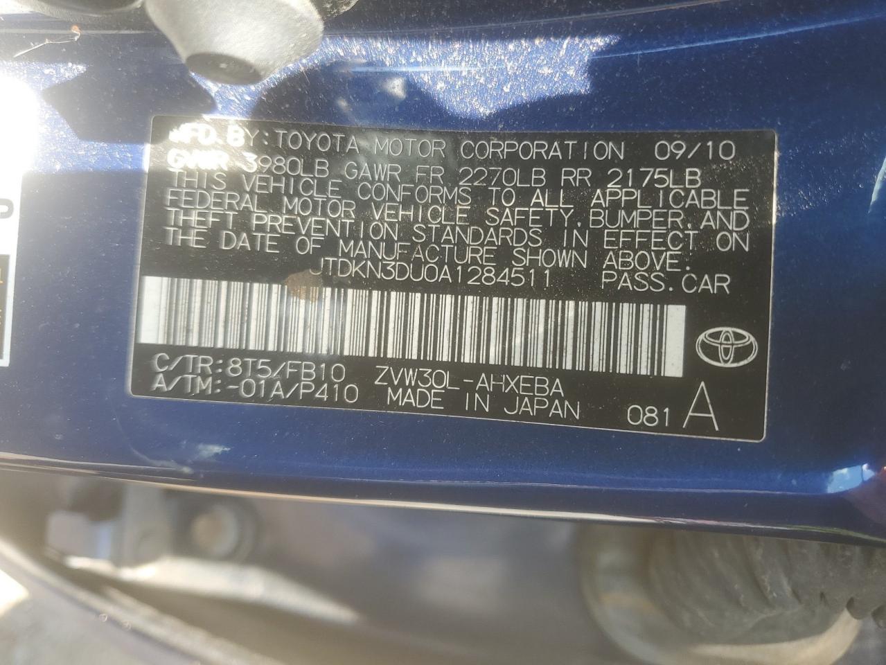 2010 Toyota Prius VIN: JTDKN3DU0A1284511 Lot: 63183145