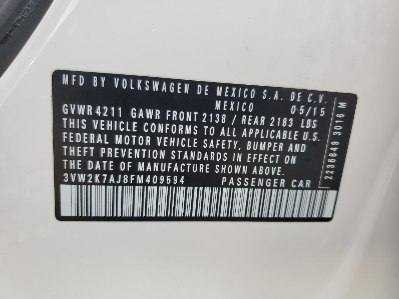 2015 Volkswagen Jetta Base VIN: 3VW2K7AJ8FM409594 Lot: 64734155