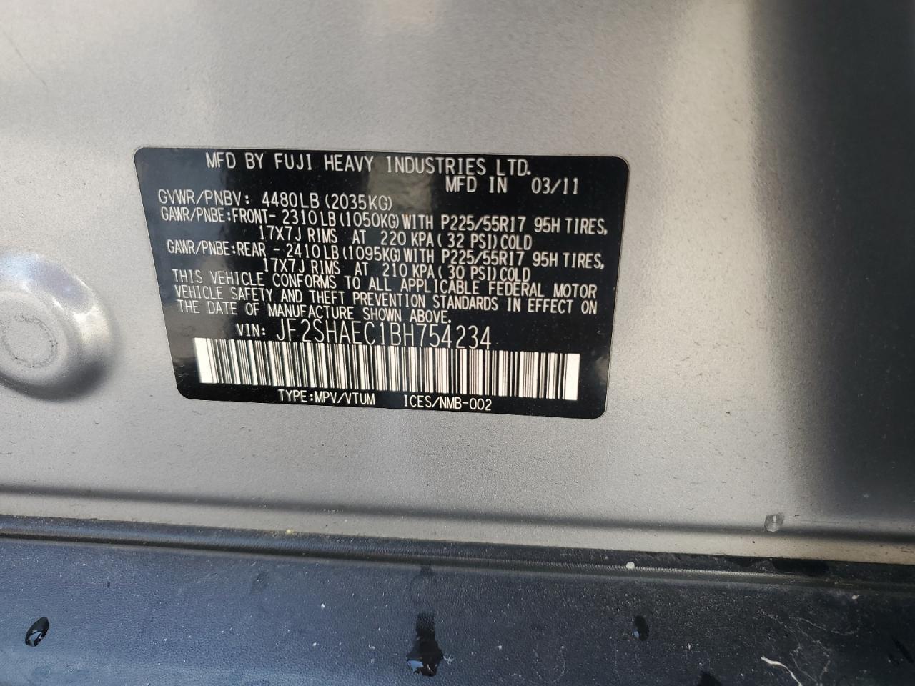 2011 Subaru Forester Limited VIN: JF2SHAEC1BH754234 Lot: 62807765