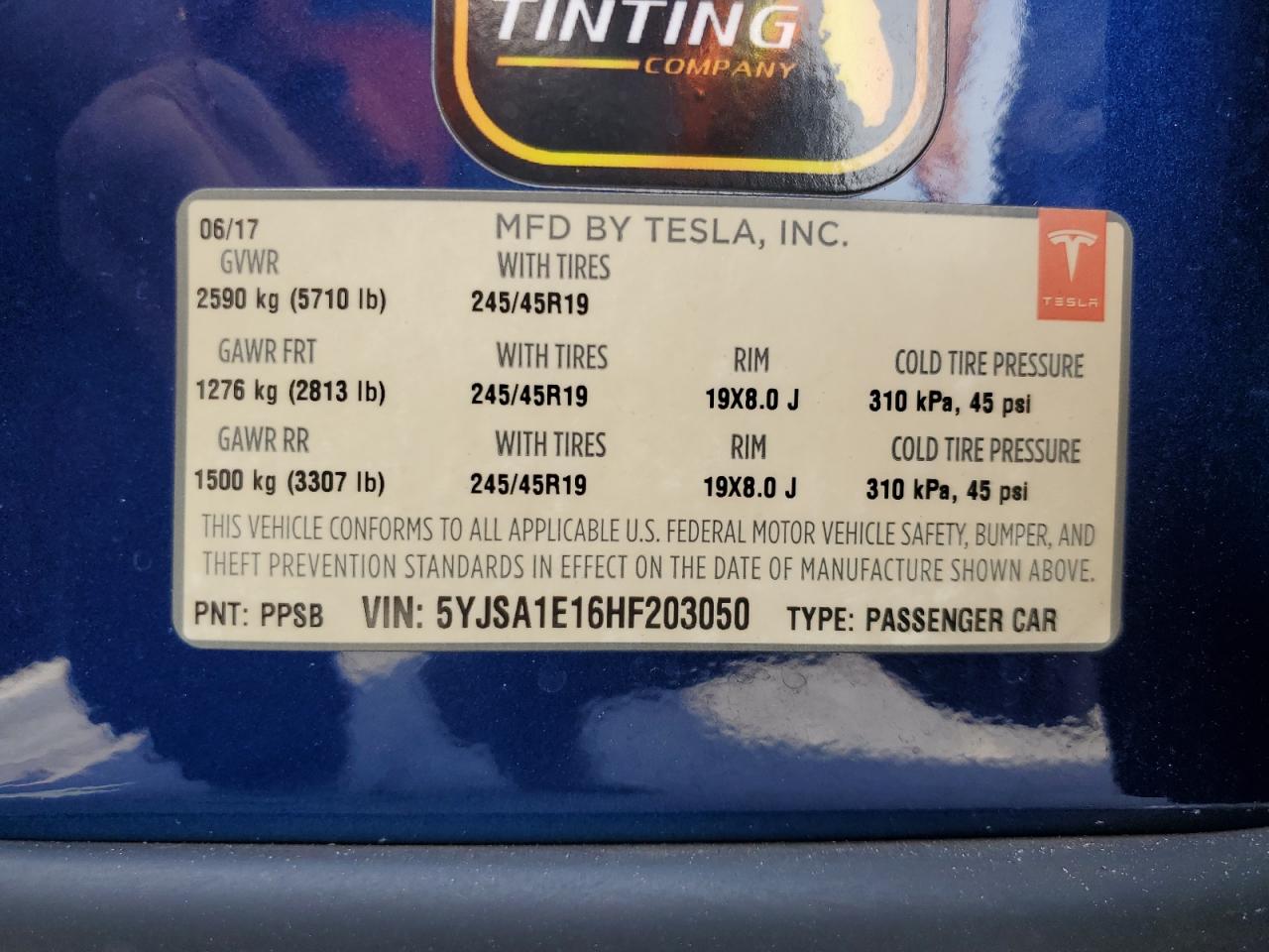 2017 Tesla Model S VIN: 5YJSA1E16HF203050 Lot: 63841335