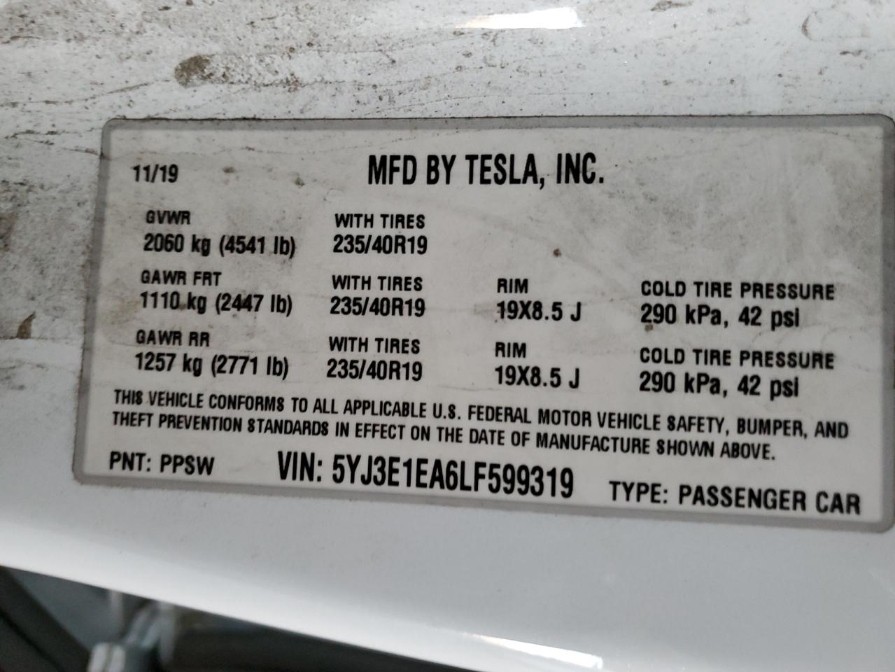 2020 Tesla Model 3 VIN: 5YJ3E1EA6LF599319 Lot: 63815395