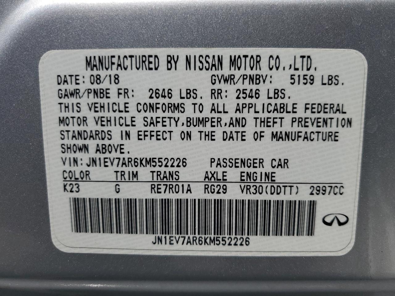 2019 Infiniti Q50 Luxe VIN: JN1EV7AR6KM552226 Lot: 62793945