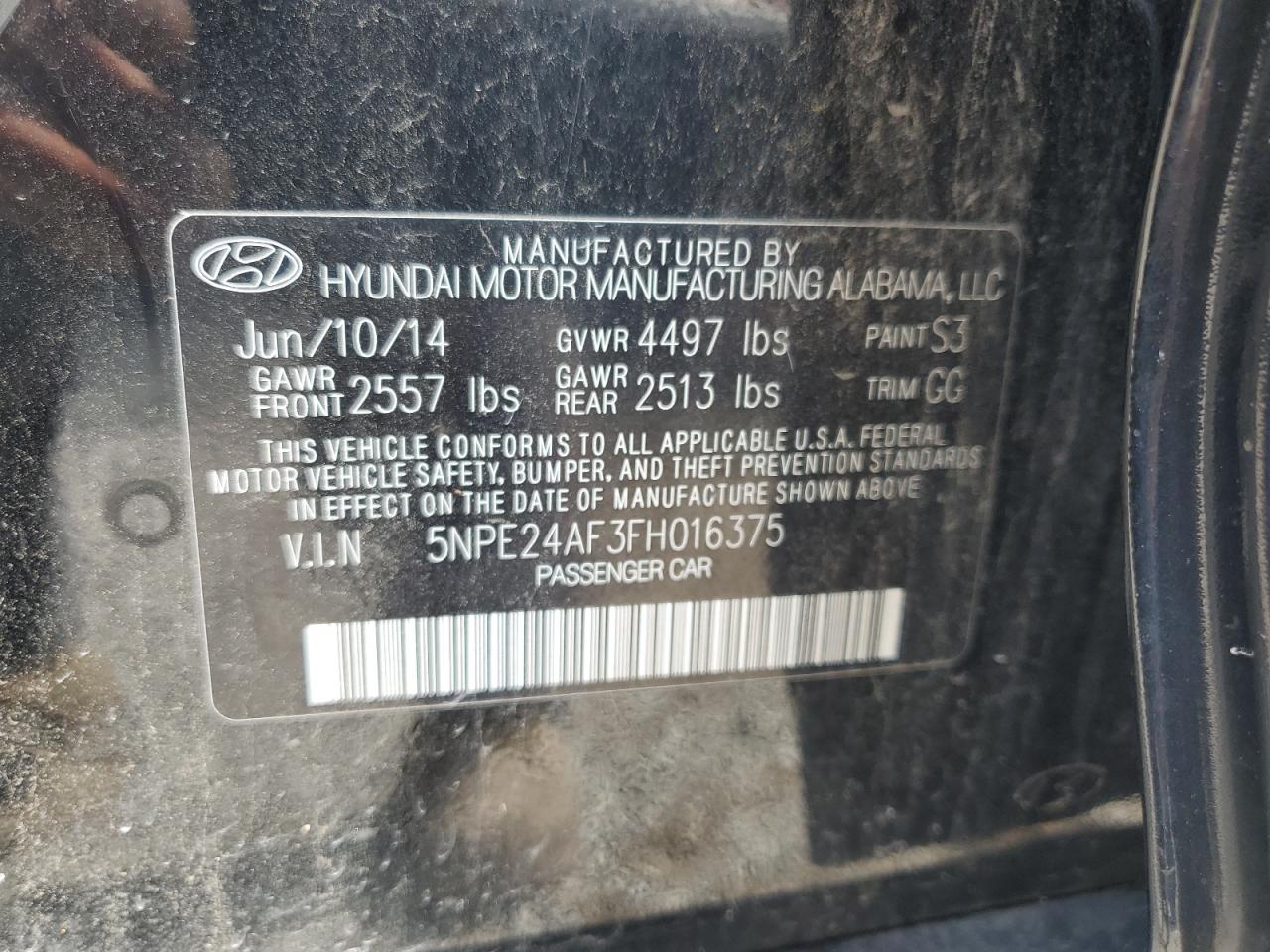 2015 Hyundai Sonata Se VIN: 5NPE24AF3FH016375 Lot: 64030795