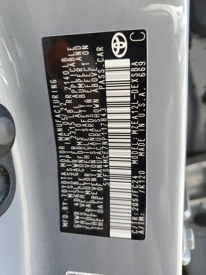 2022 Toyota Corolla Se VIN: 5YFS4MCE7NP117843 Lot: 65643365