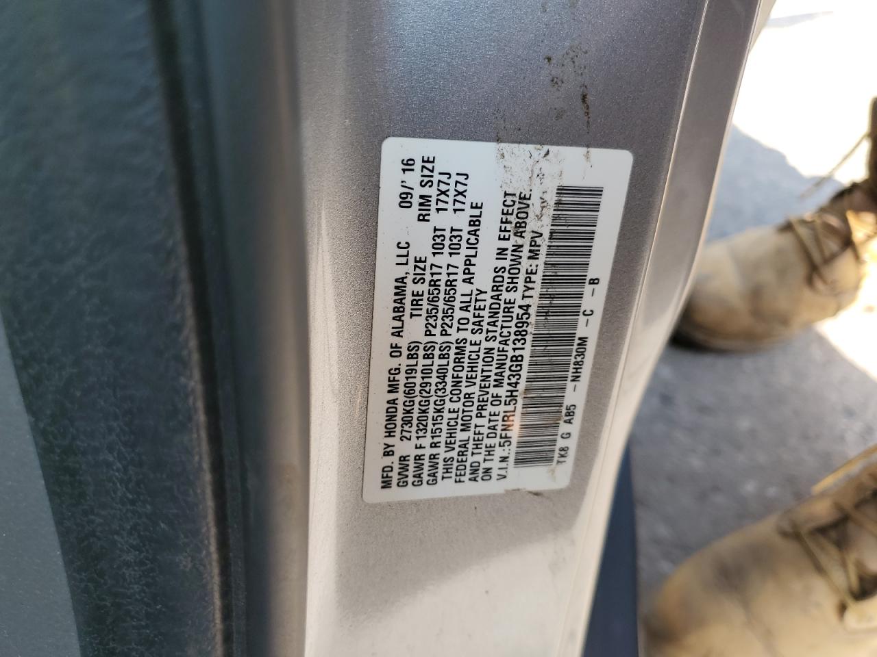 2016 Honda Odyssey Ex VIN: 5FNRL5H43GB138954 Lot: 66350505