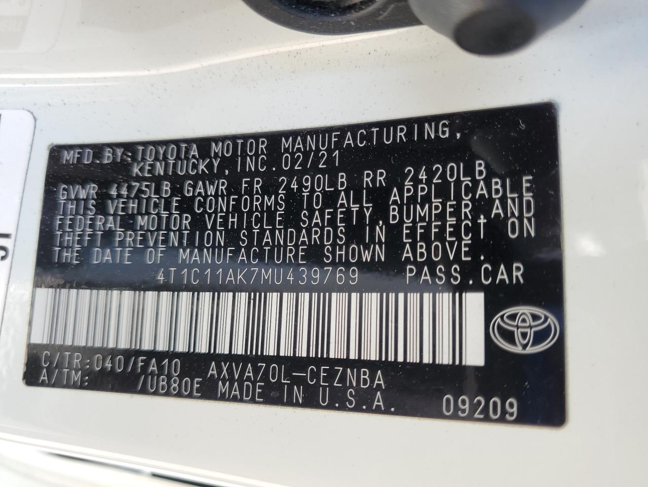 2021 Toyota Camry Le VIN: 4T1C11AK7MU439769 Lot: 65160955