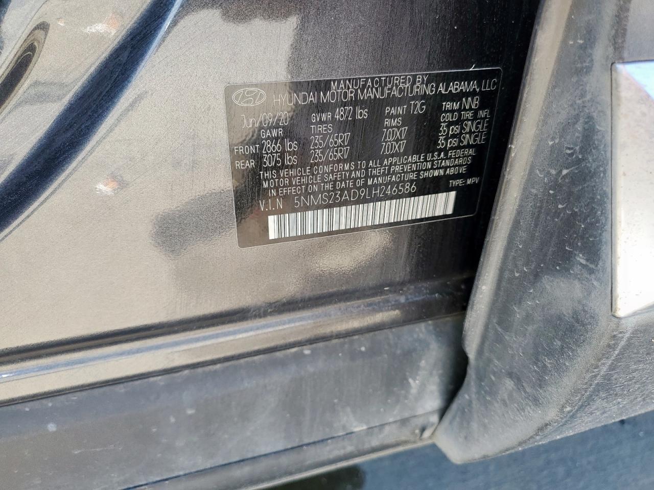 2020 Hyundai Santa Fe Se VIN: 5NMS23AD9LH246586 Lot: 63063685