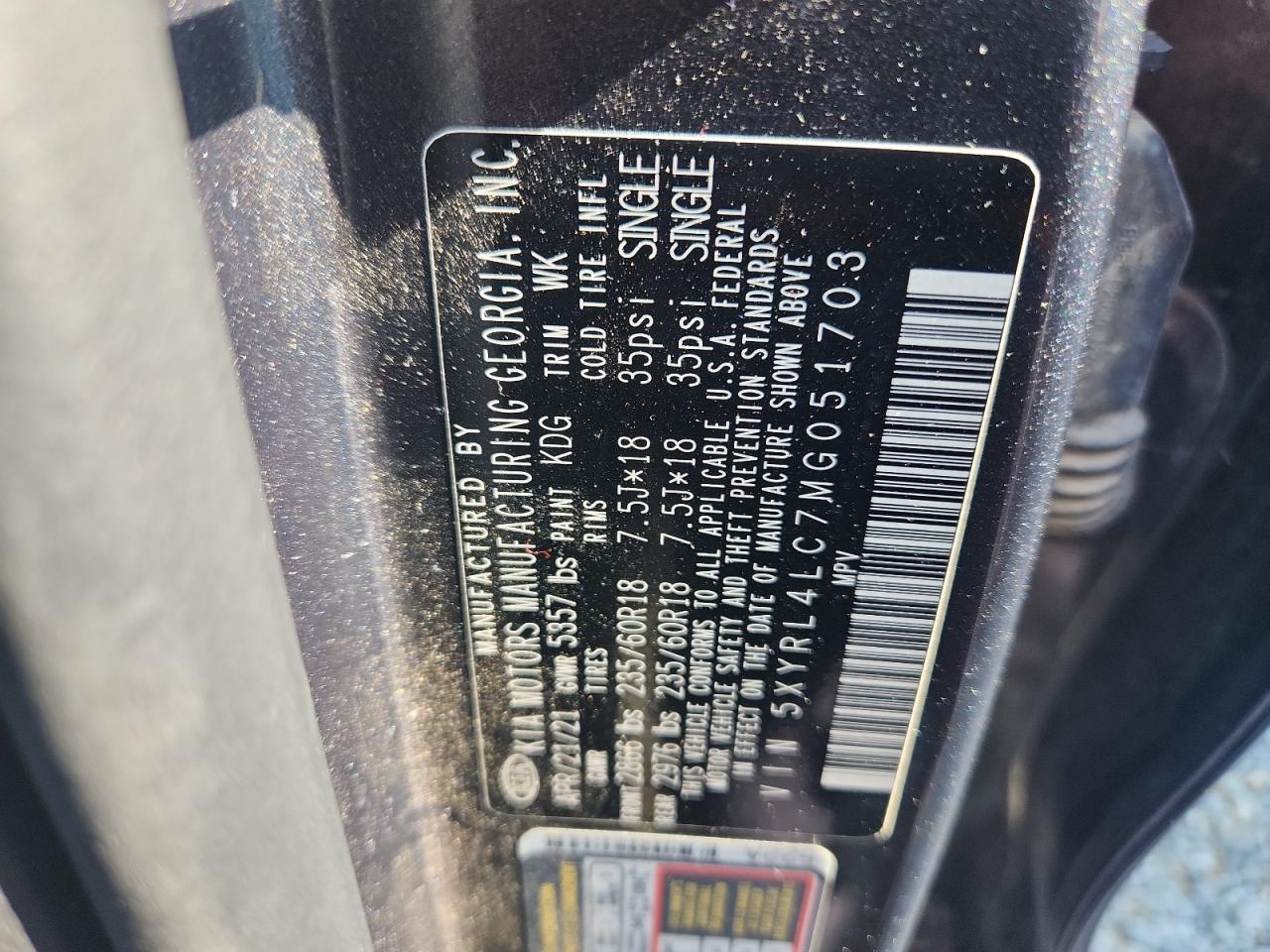 2021 Kia Sorento S VIN: 5XYRL4LC7MG051703 Lot: 64159785