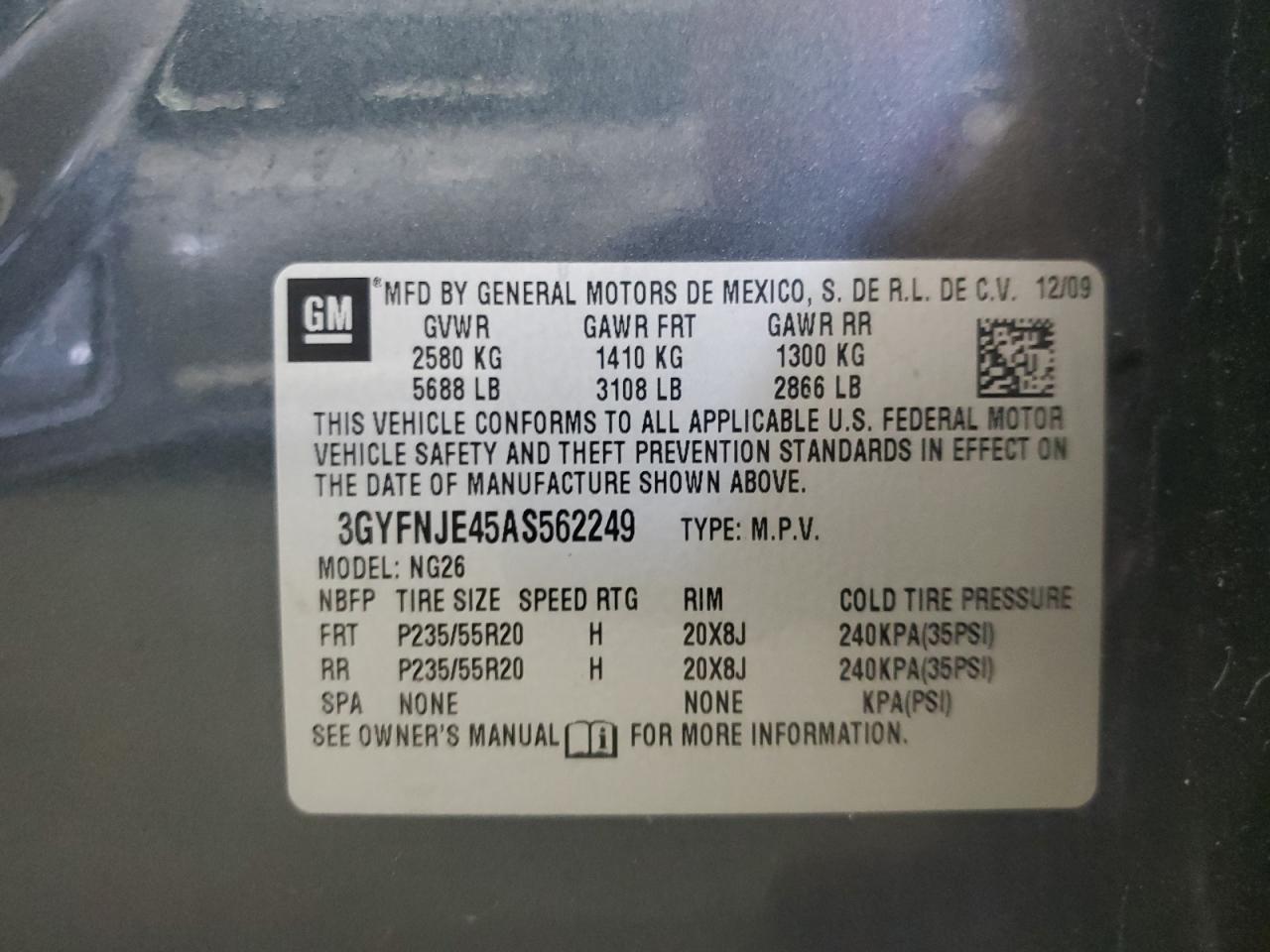 2010 Cadillac Srx Performance Collection VIN: 3GYFNJE45AS562249 Lot: 65414465