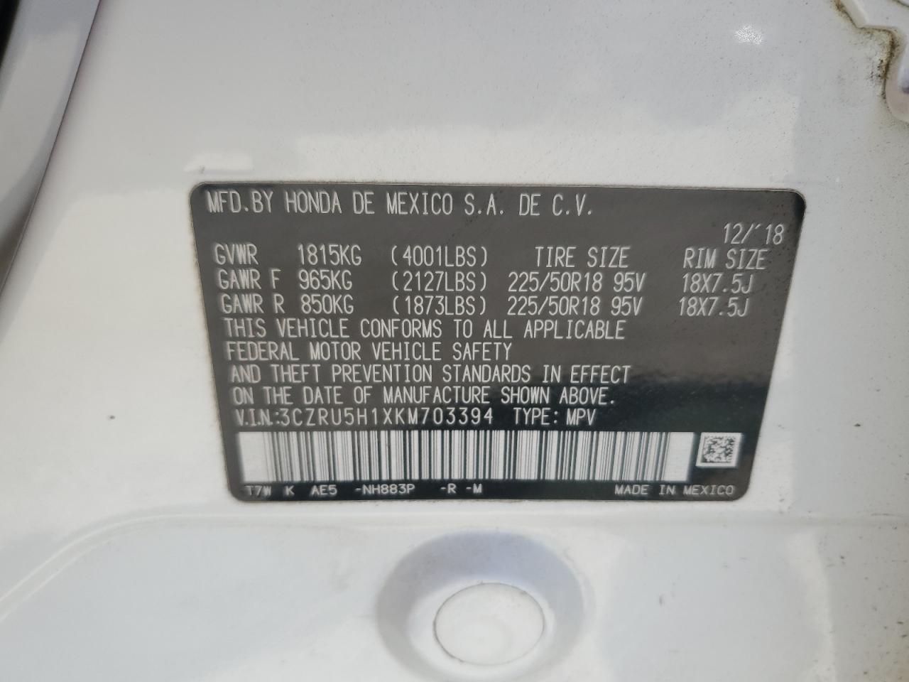 3CZRU5H1XKM703394 HONDA HR-V 2019