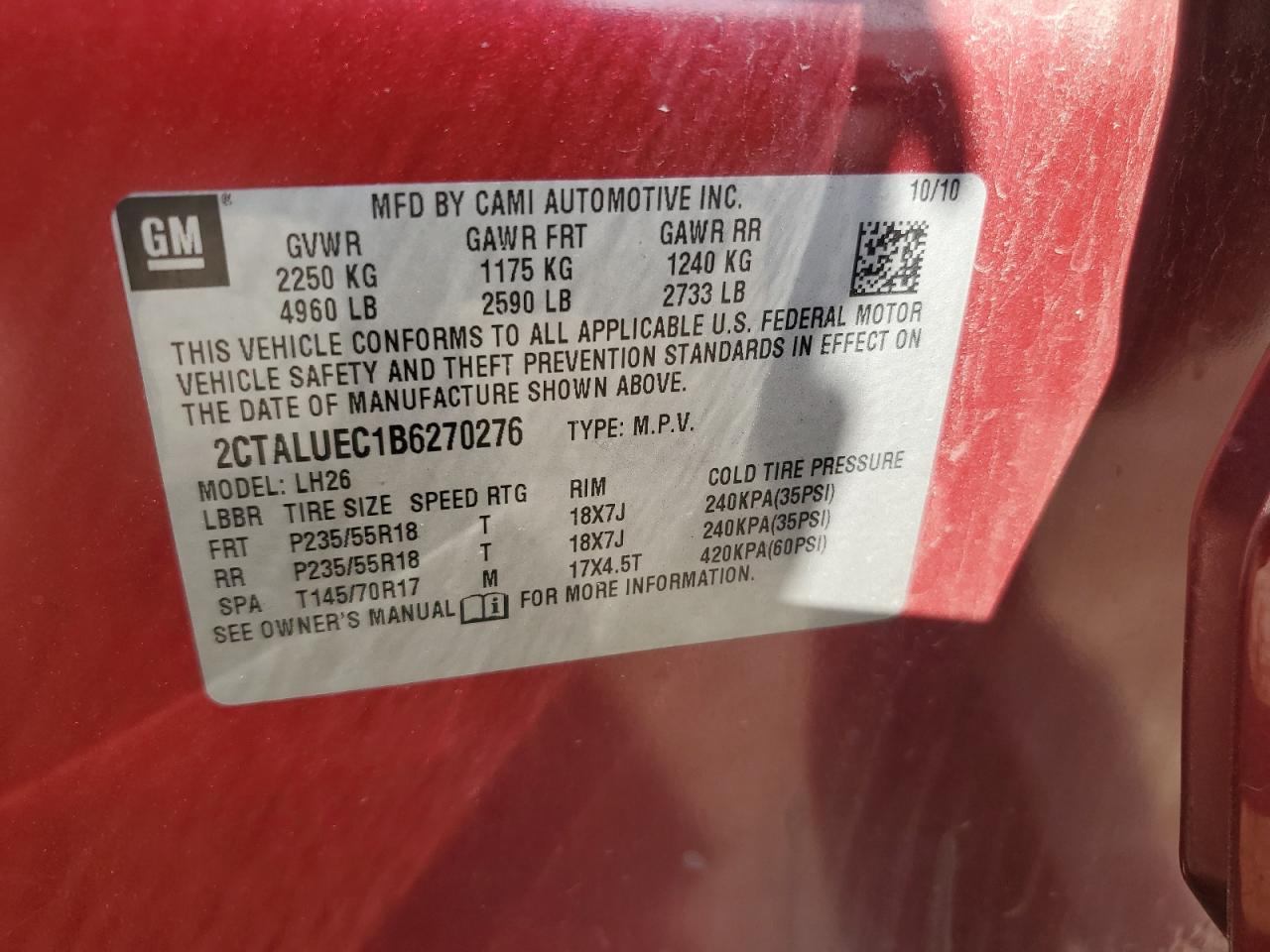 2ctaluec1b6270276 2CTALUEC1B6270276 2011 GMC Terrain Slt