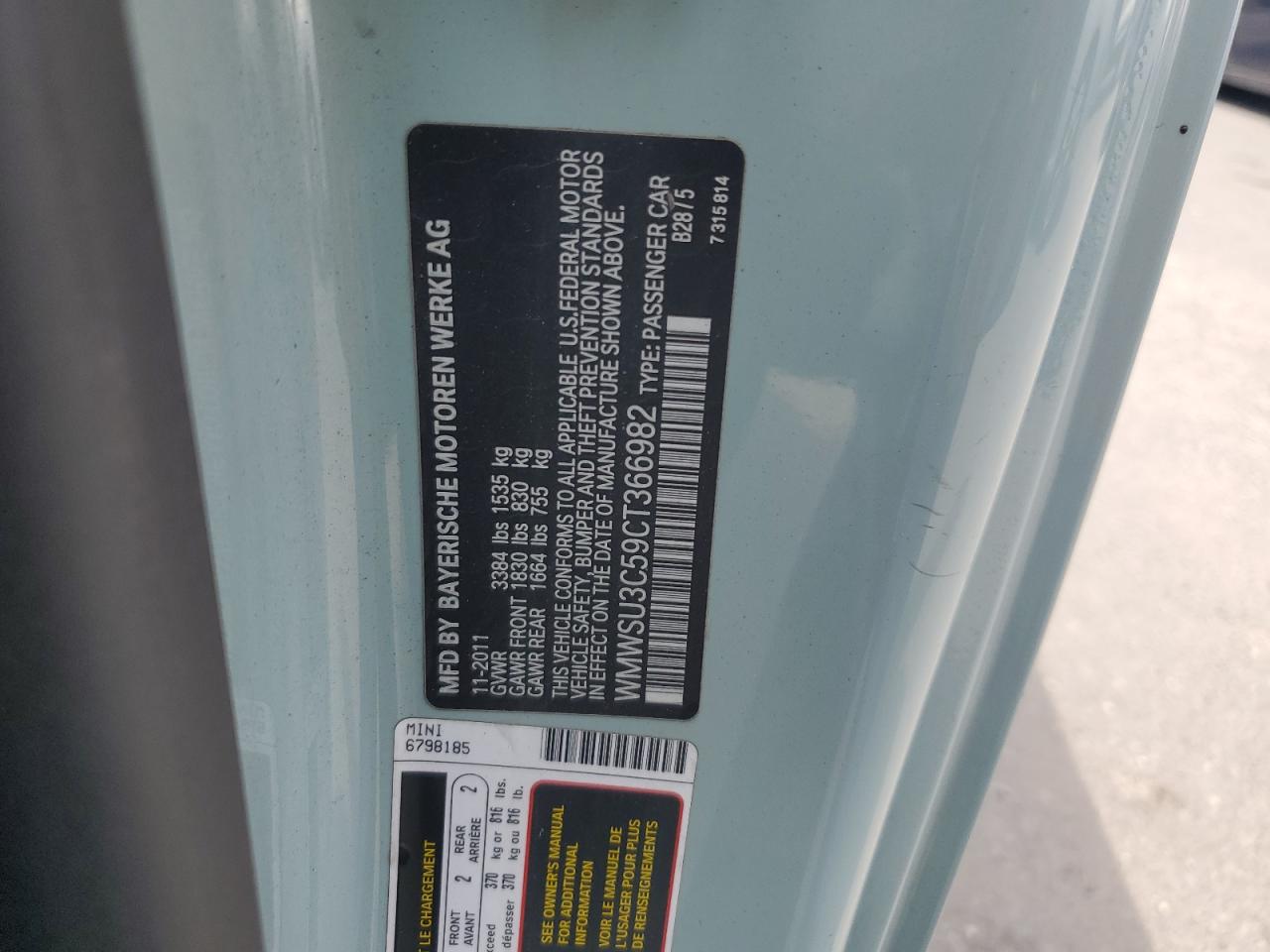 2012 Mini Cooper VIN: WMWSU3C59CT366982 Lot: 65155615