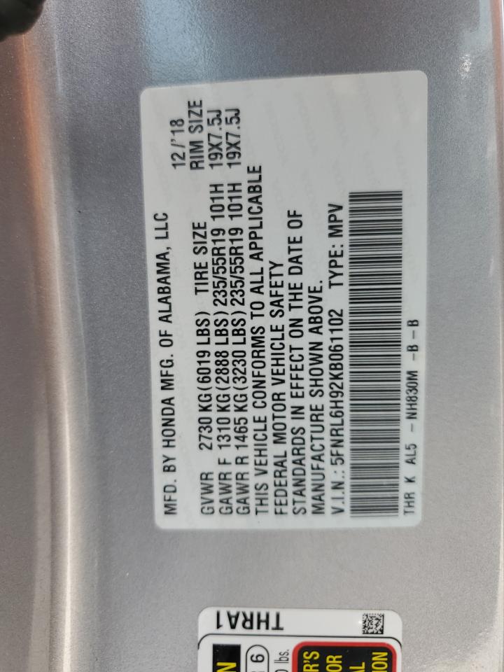 2019 Honda Odyssey Elite VIN: 5FNRL6H92KB061102 Lot: 62653025