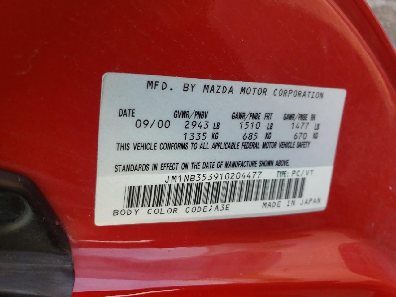 2001 Mazda Mx-5 Miata Base VIN: JM1NB353910204477 Lot: 65503235