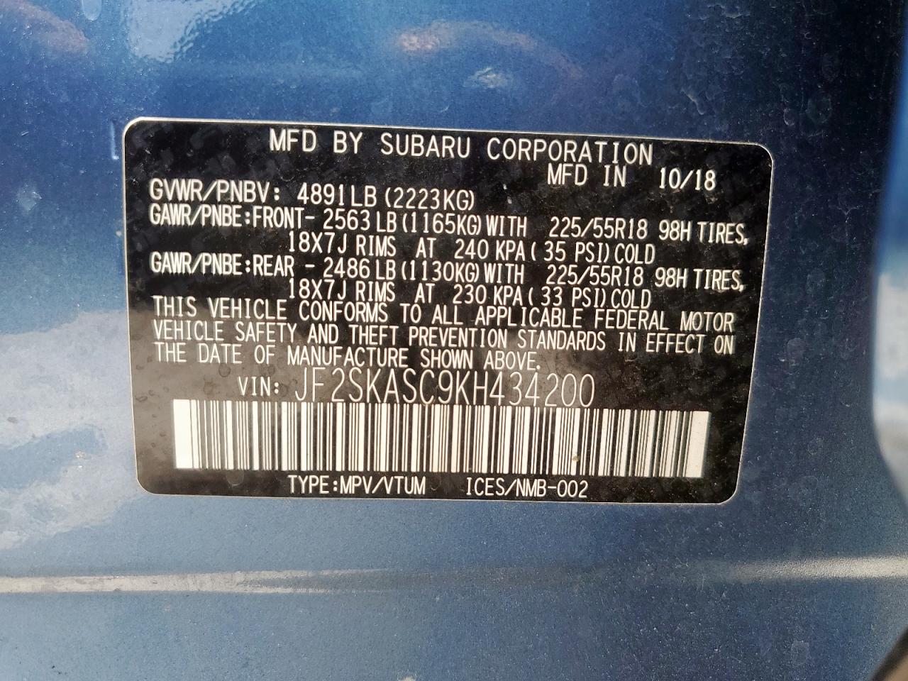 2019 Subaru Forester Limited VIN: JF2SKASC9KH434200 Lot: 62511295