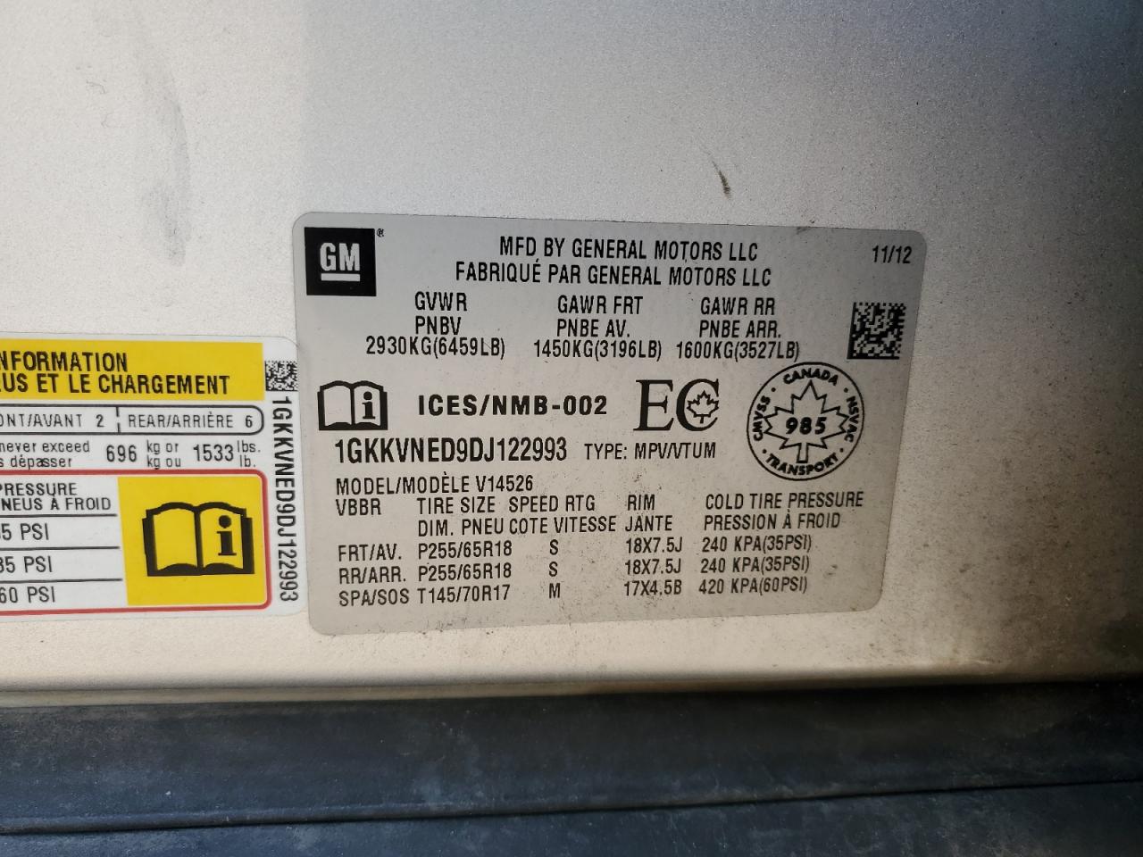 2013 GMC Acadia Sle VIN: 1GKKVNED9DJ122993 Lot: 61990065