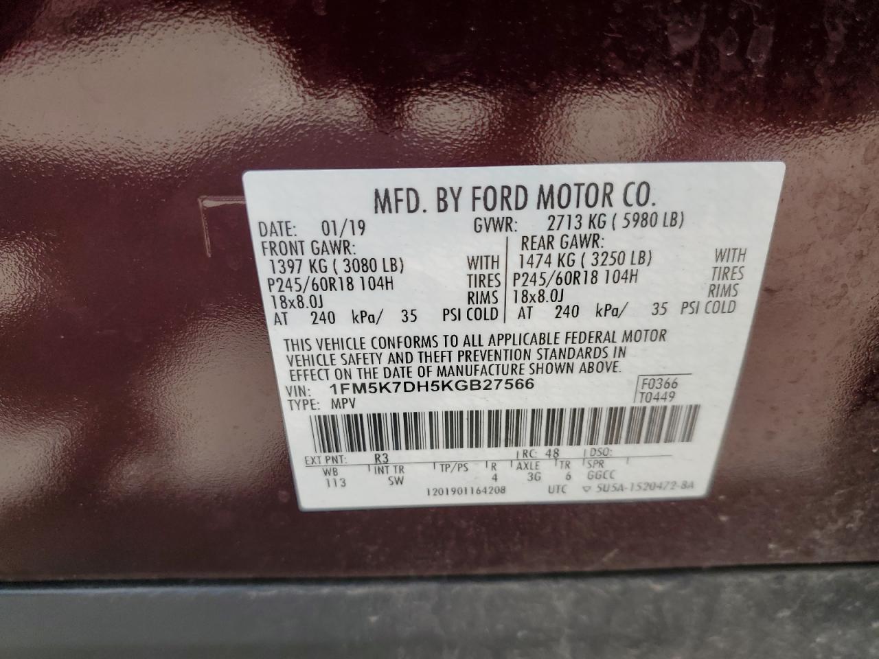2019 Ford Explorer Xlt VIN: 1FM5K7DH5KGB27566 Lot: 62819245