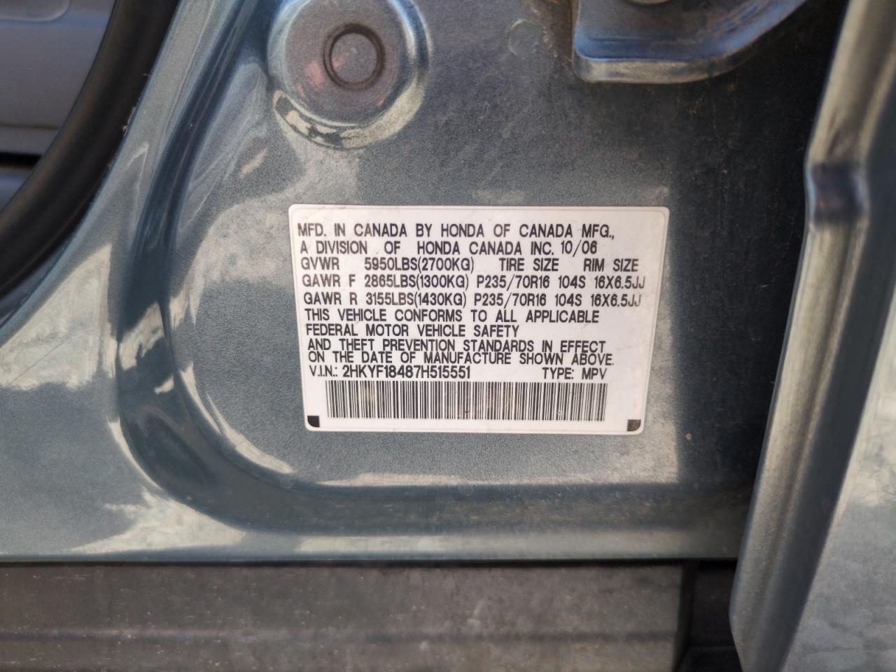 2007 Honda Pilot Ex VIN: 2HKYF18487H515551 Lot: 63500975