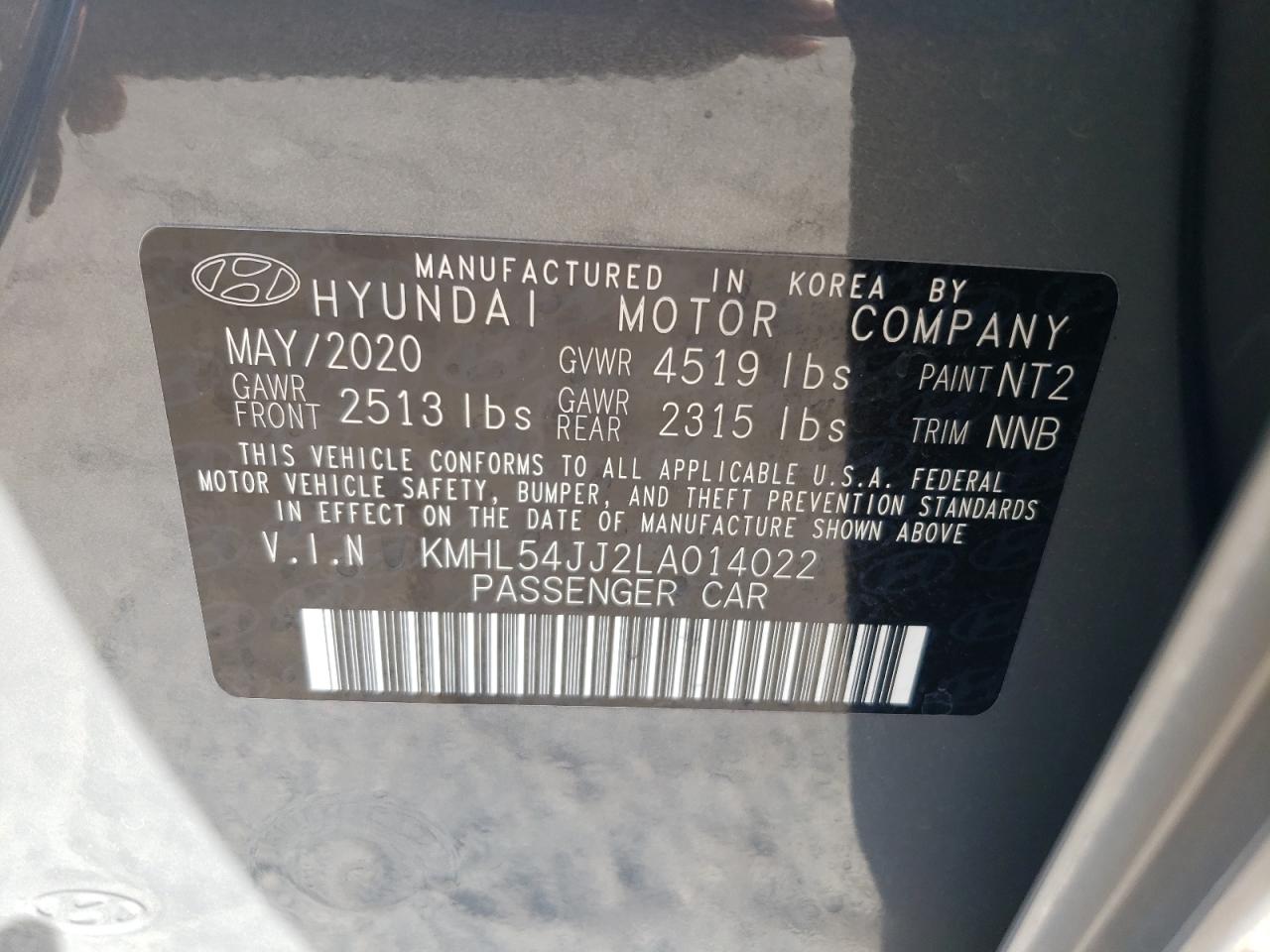 2020 Hyundai Sonata Hybrid VIN: KMHL54JJ2LA014022 Lot: 62941355