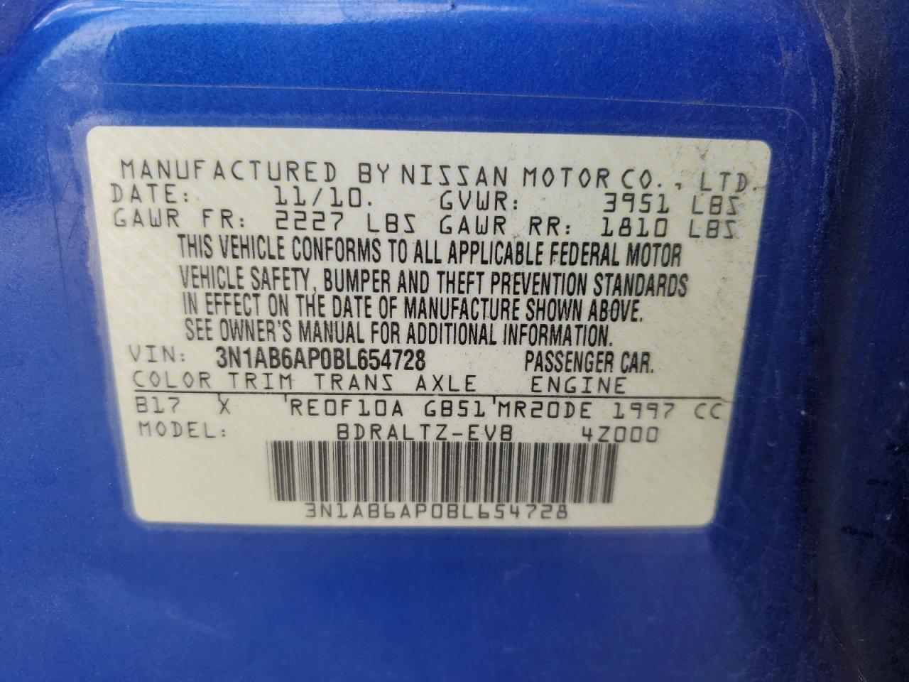 2011 Nissan Sentra 2.0 VIN: 3N1AB6AP0BL654728 Lot: 63077395