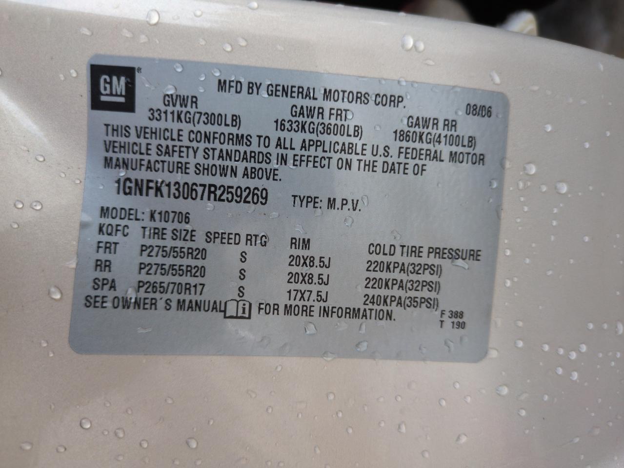2007 Chevrolet Tahoe K1500 VIN: 1GNFK13067R259269 Lot: 65554775
