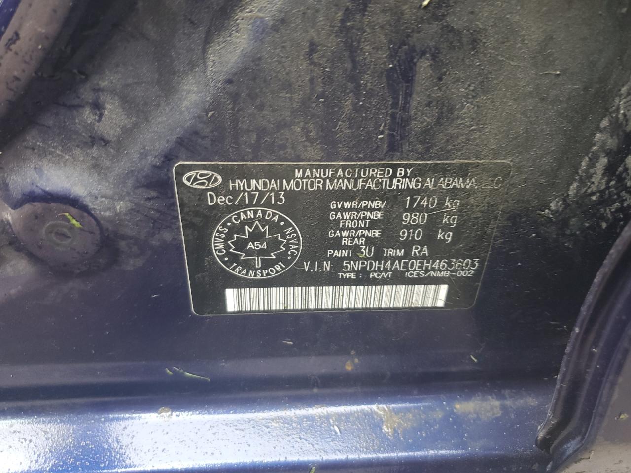 2014 Hyundai Elantra Se VIN: 5NPDH4AE0EH463603 Lot: 65001325