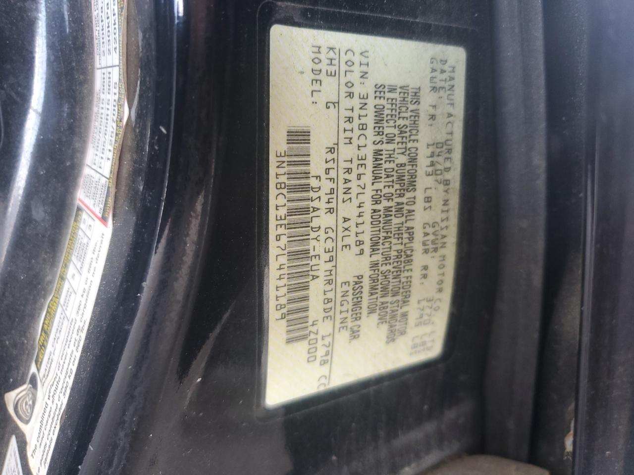 2007 Nissan Versa S VIN: 3N1BC13E67L441189 Lot: 62752545